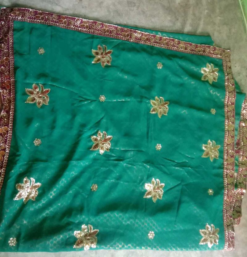 Green Lengha Type Saree With Purple Embroidery