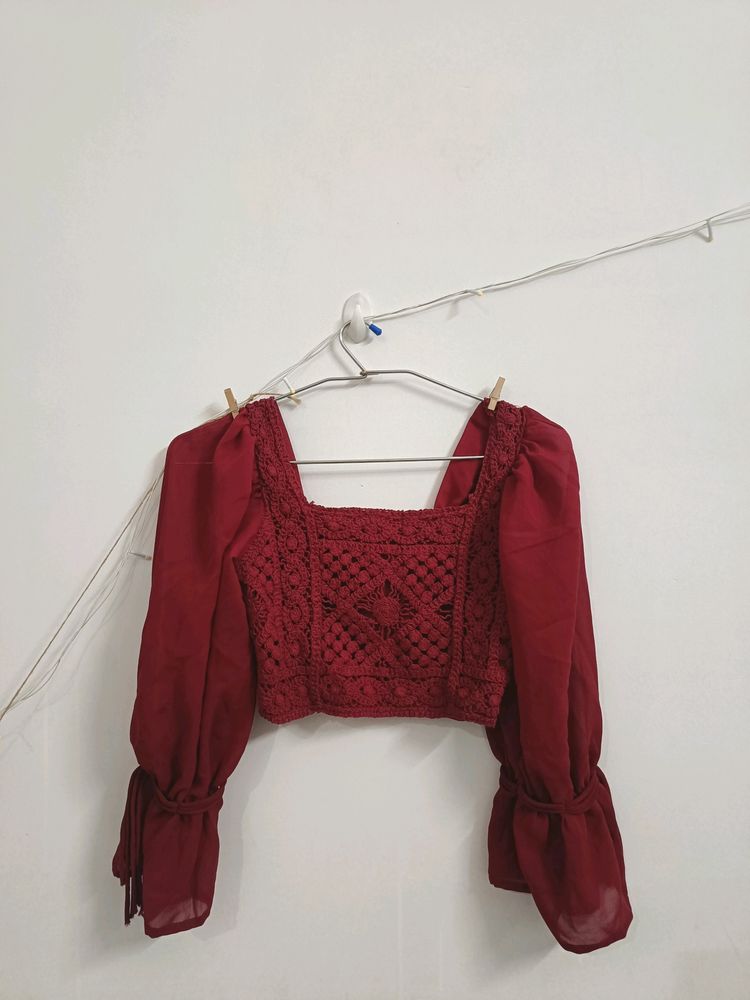 Elegant Red Crochet Puff Sleeve Top