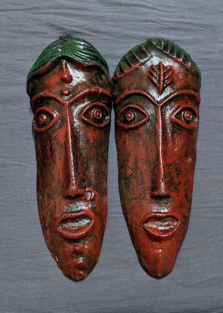 Set of 2 Terracotta Clay Tribal Face Couple Mask