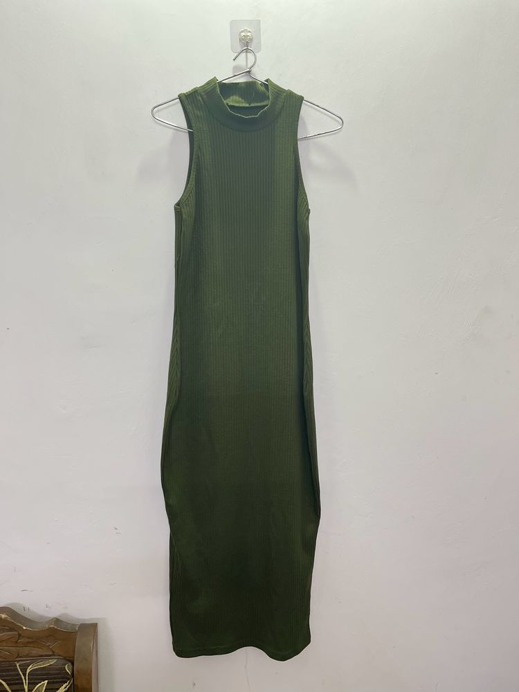 Olive Green Ribbed Bodycon Dress