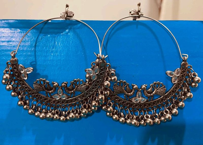 Oxidized Silver With Peacock Head Earrings