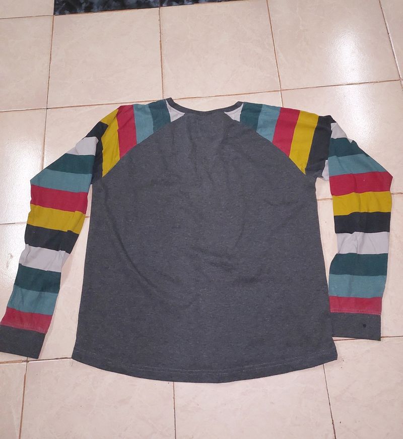 Juneberry Grey Sweatshirt With Multicolored Sleeve