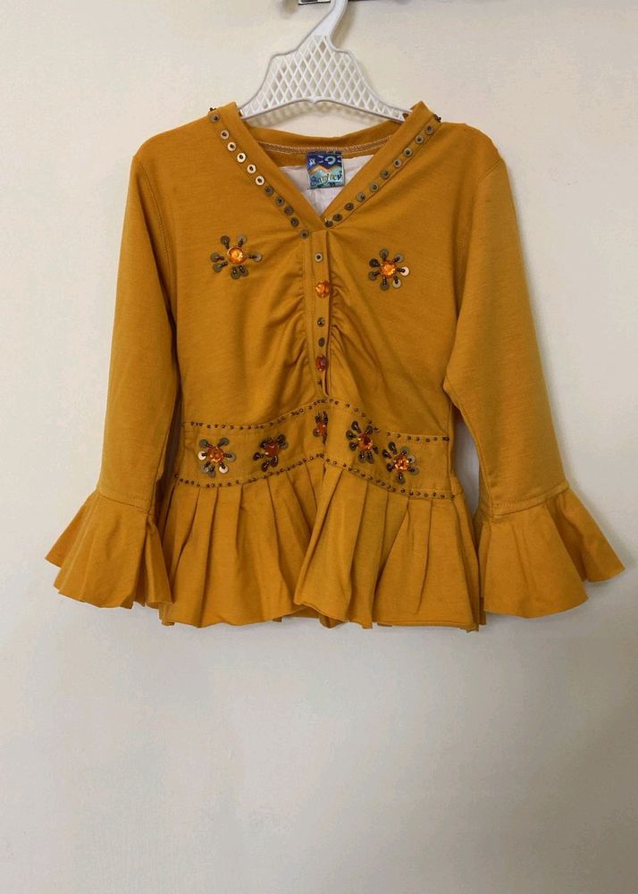 Mustard Yellow Embellished Top For Girls Size 22