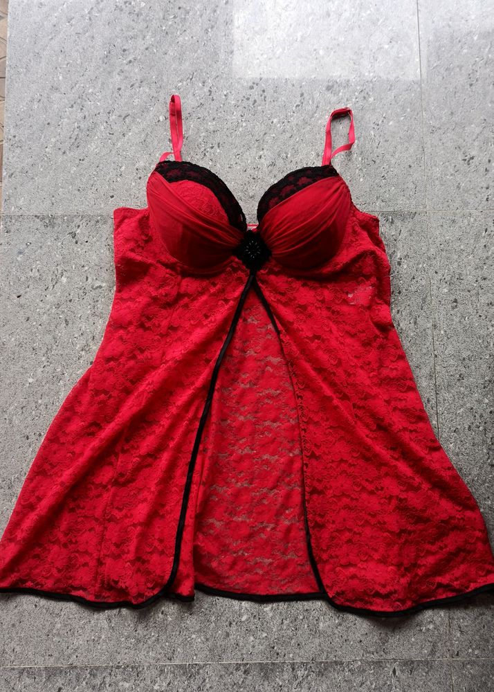 Red Lace And Net Bustier Gothic Slit Top