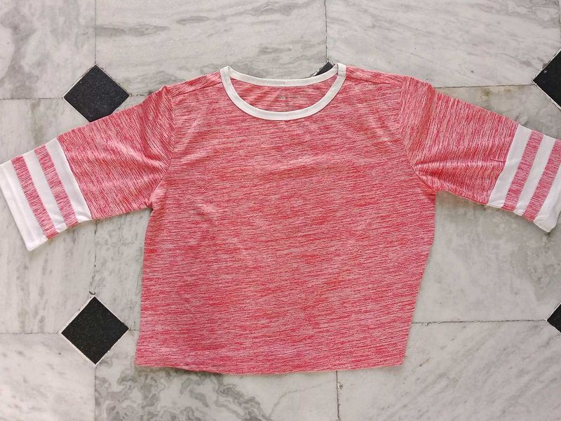 Peach Colour Crop Top With White Line Around Neck