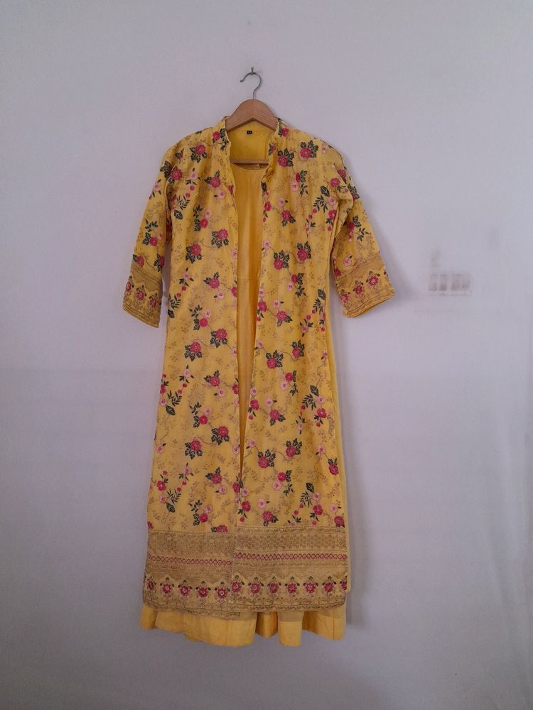 Yellow Embroidered Kurta & Coat (Women's)