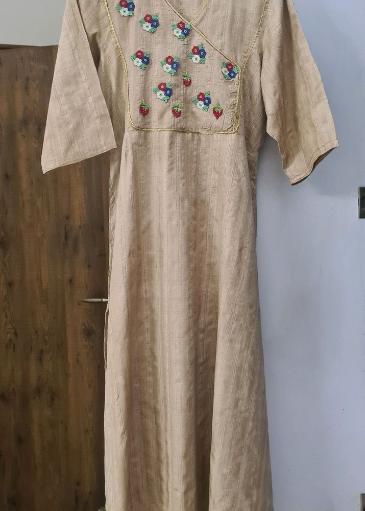 Beige Raw Silk Kurta with flowers strawberries