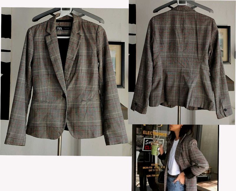 Zara Plaid Relaxed Single Breasted Blazer