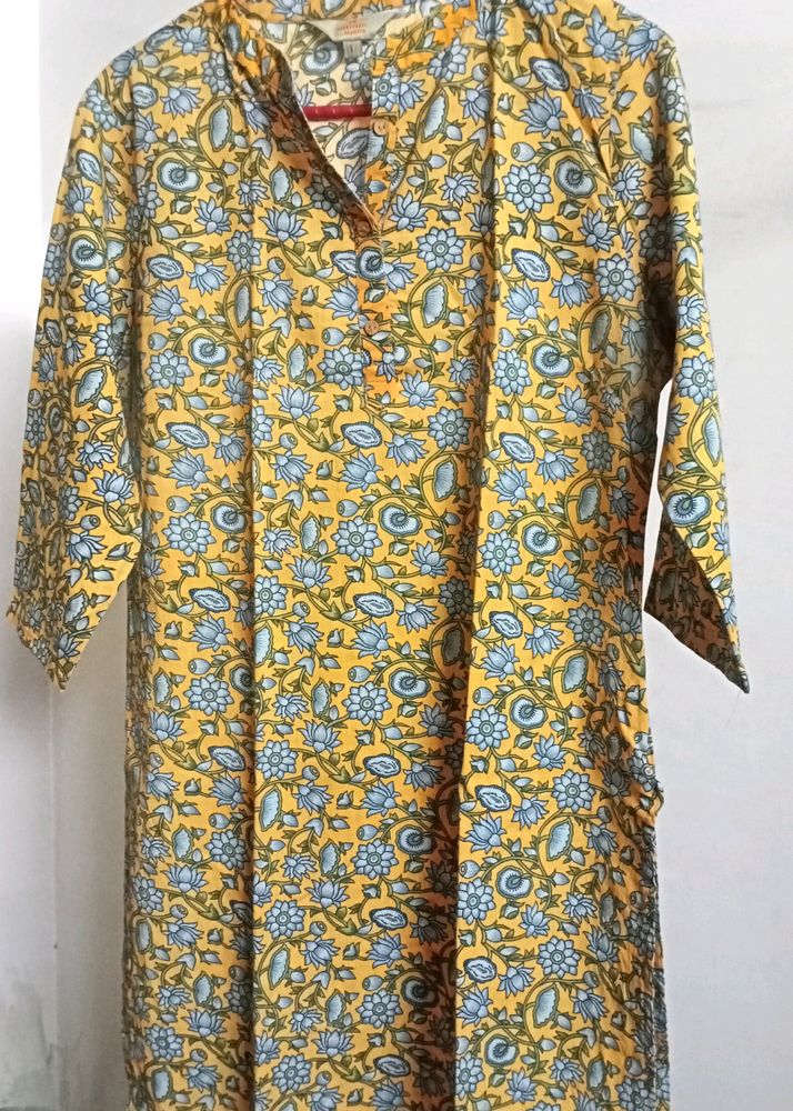 Anouk Yellow And Blue Printed Cotton Kurta