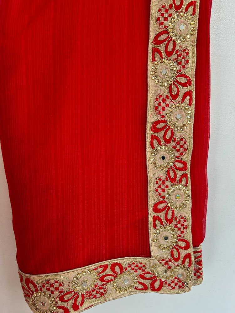 Bright Red With Golden Border Saree