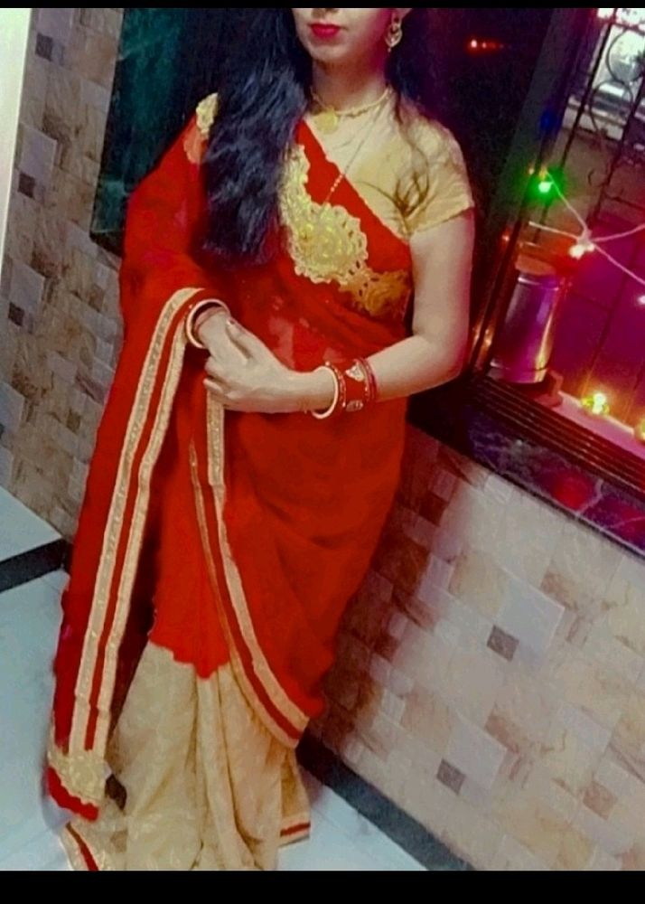 Beautiful Red Half Net Saree