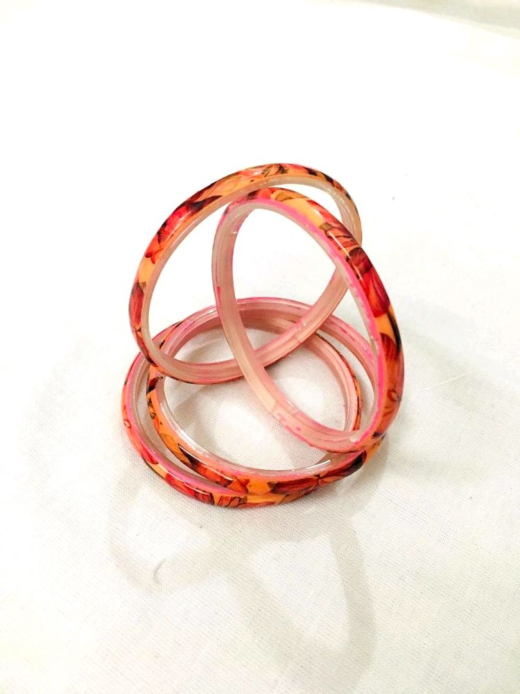 Beautiful Floral  Glass Bangles Of Pink Colour