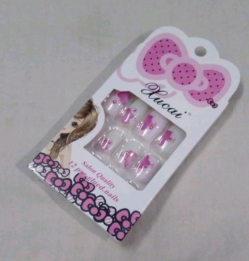 Artificial Nails With Pink Flower Print