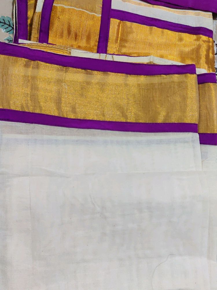 Onam Special Cream And Golden Purple 💜mundu Set