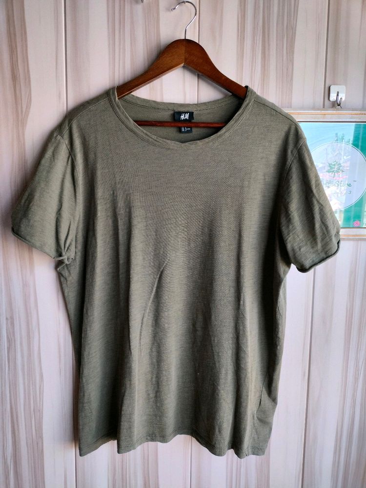 H&M Olive Cotton Scoop Neck T-Shirt