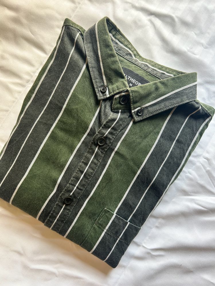 Green Striped Slim Fit Shirt - Size M