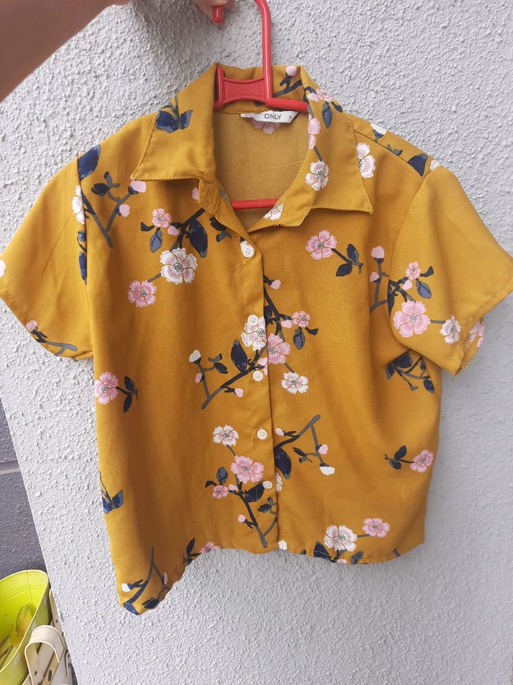 Mustard Yellow Floral Crop Shirt Top