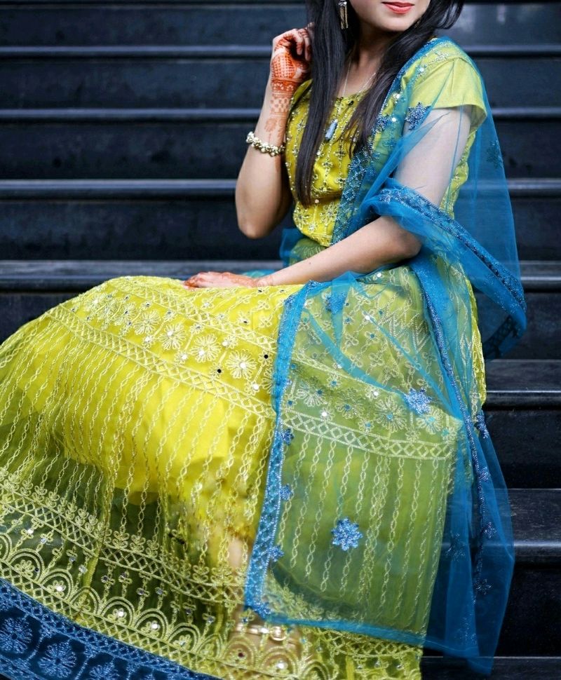 Mehndi Color - Fully Stitched Net Lehnga