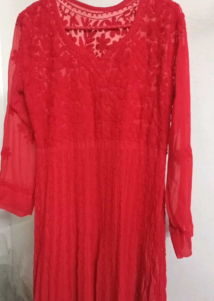 Red Chikankari Georgette Anarkali Kurta With Inner