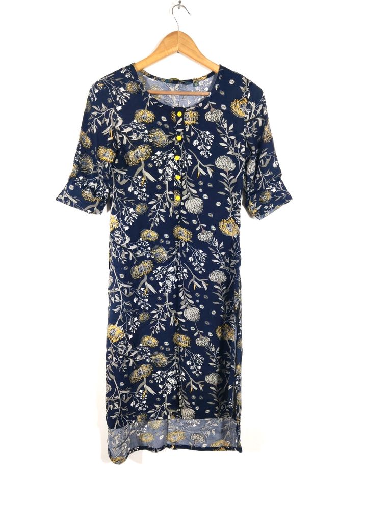 Navy Blue Printed Casual High&Low  Kurta (Women)