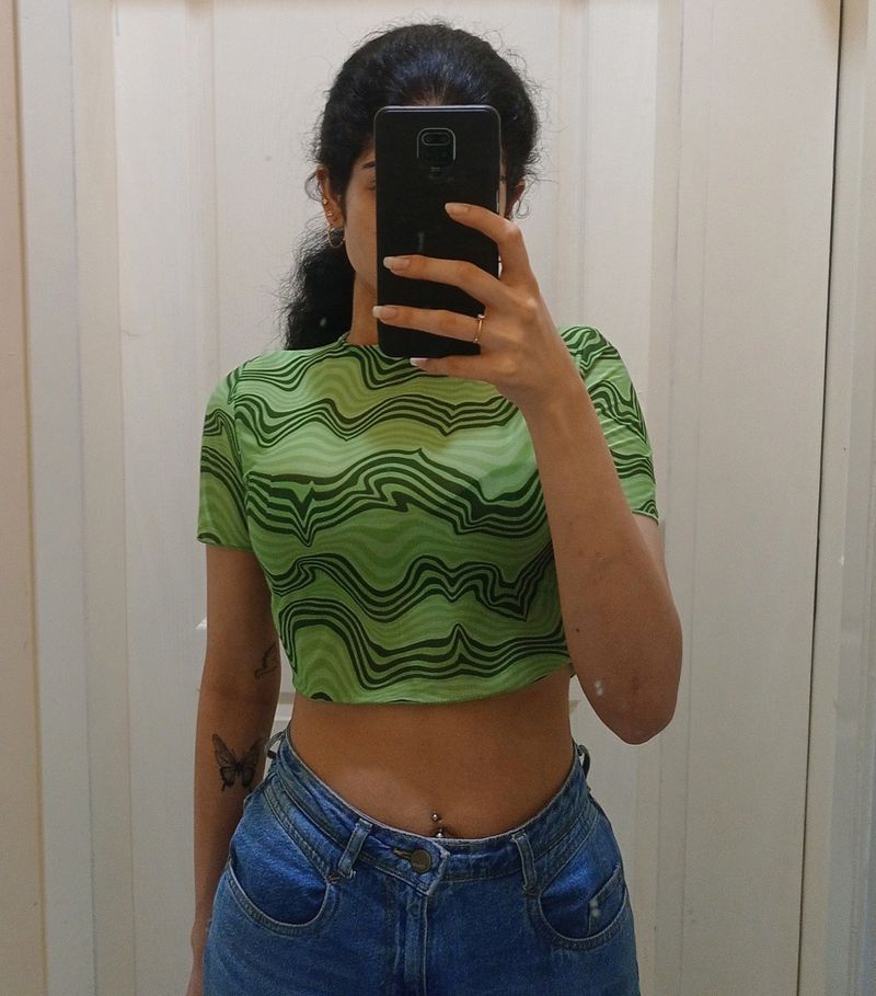 Green Patterned Mesh Crop Top