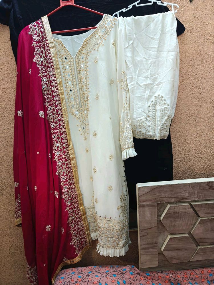 Mirror Work Dress With Pink Dupatta