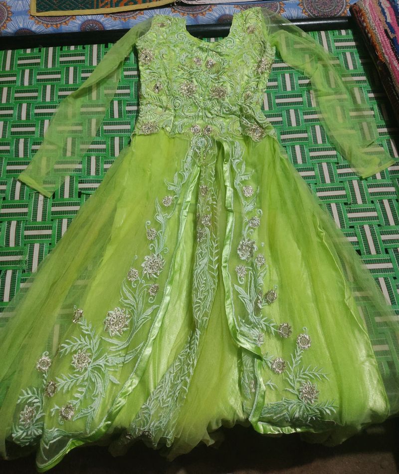 Stone And Thread Work Parrot Green Gown