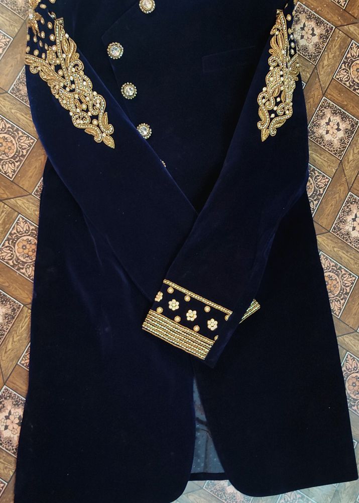 Men Indian Latest Designer Blue Velvet Sherwani