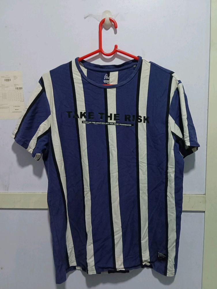 White Blue Strips Tshirt - L Size