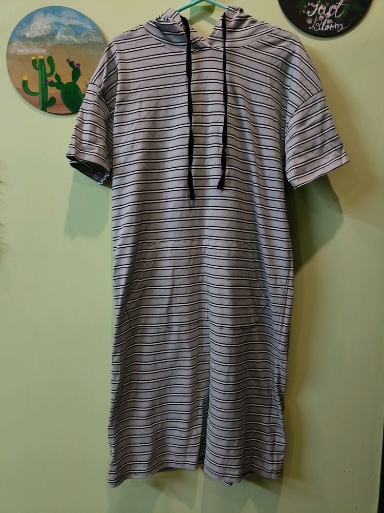 Striped Hooded Dress With Insert Pockets