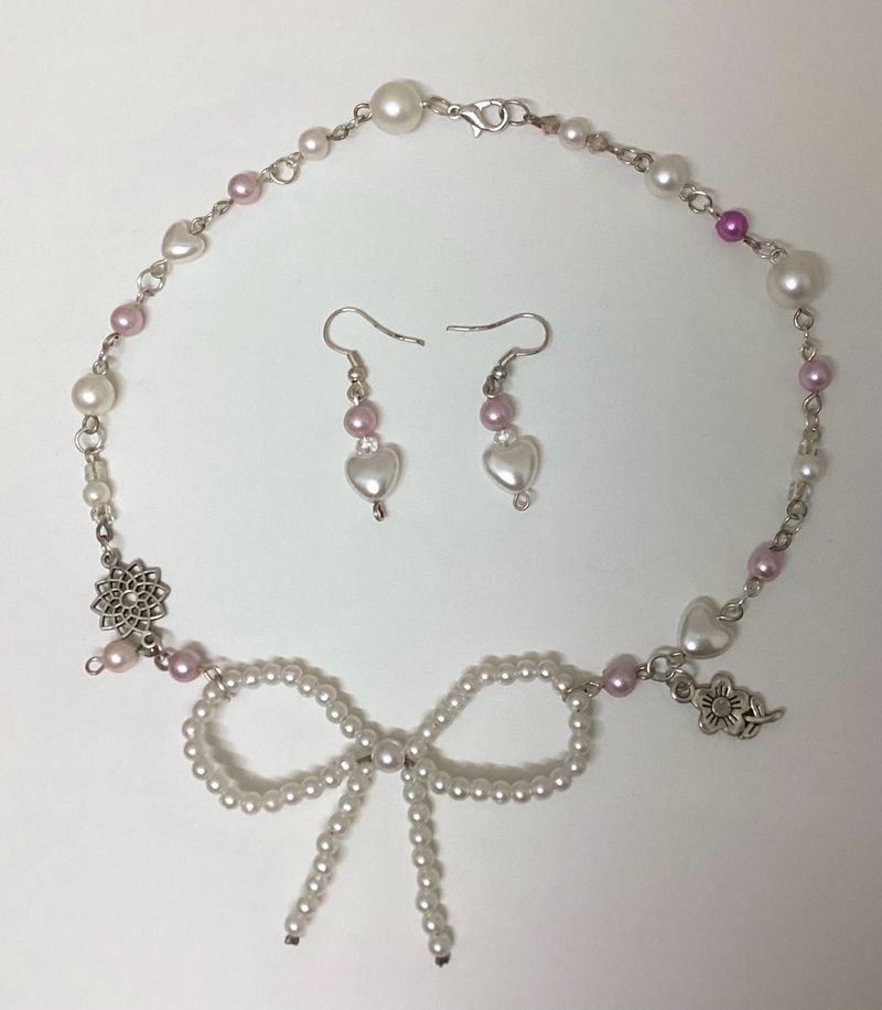 purple pearl bow necklace with earring set 🤍