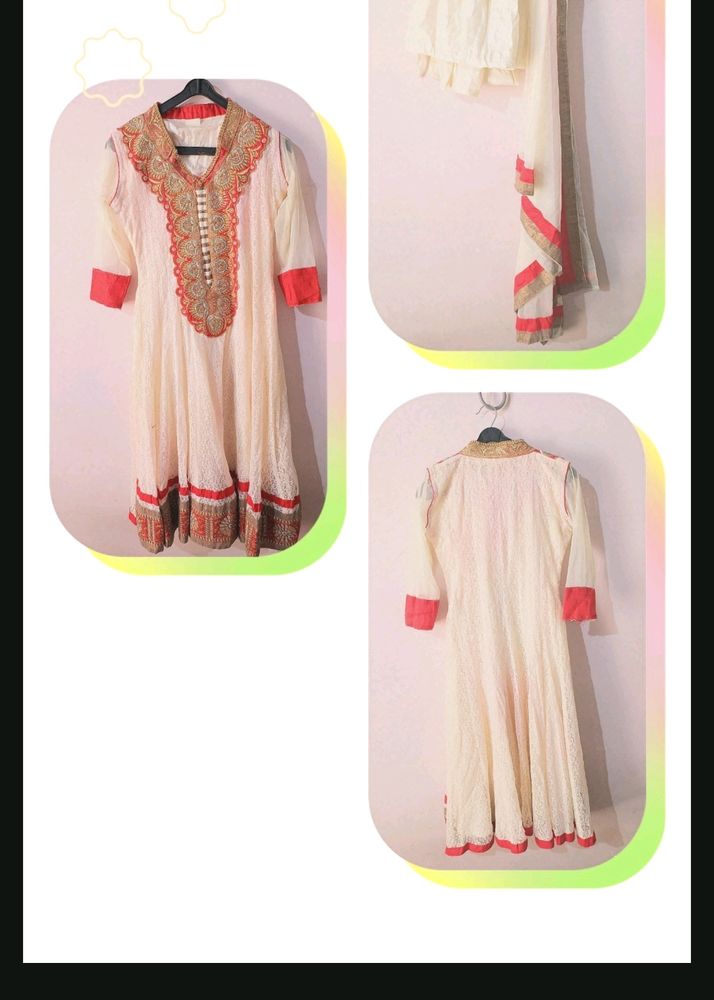 Off White-red Anarkali Kurta Set