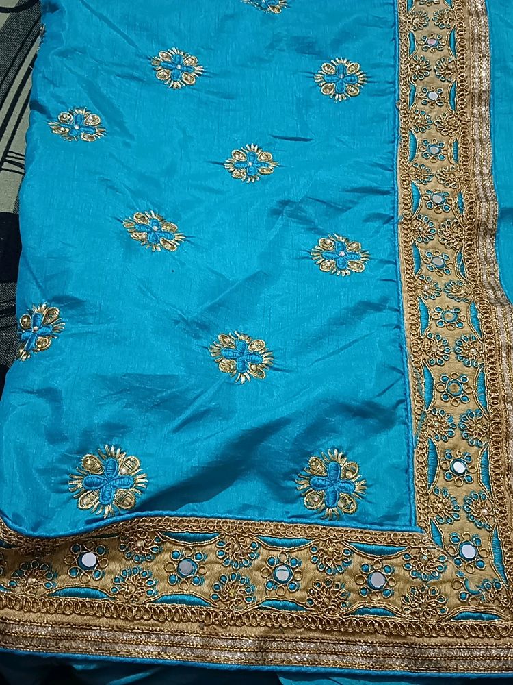 Blue Saree With Mirror Work