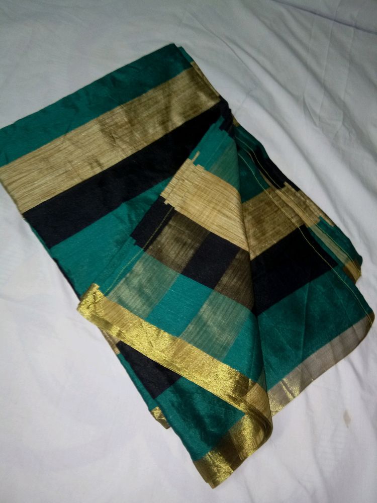 Silk Cotton saree with blouse - Peacock Green New