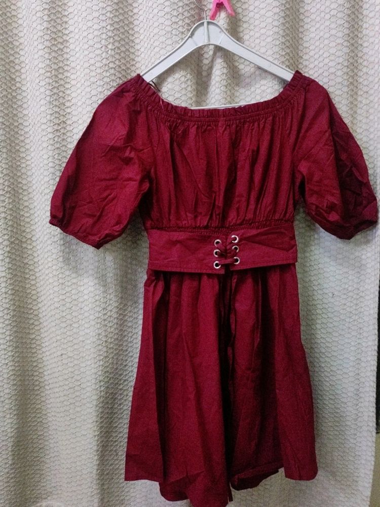 Maroon Puff Sleeve Corset Belt Dress