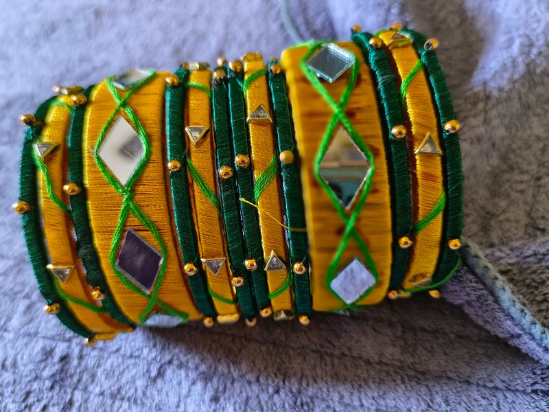 Handmade Silk Thread And Mirror Work Bangle Set