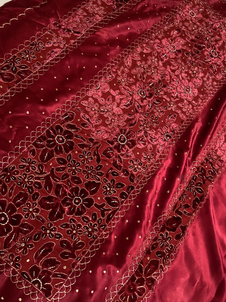 Red Silk Velvet Work Saree