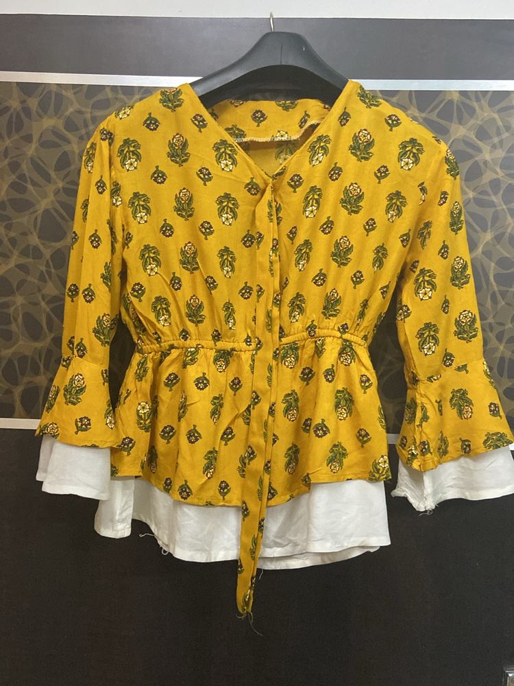 Mustard And White Printed Top