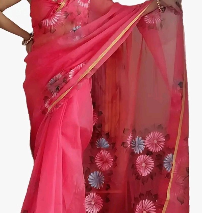 Brand New Hand Painted Organza Saree