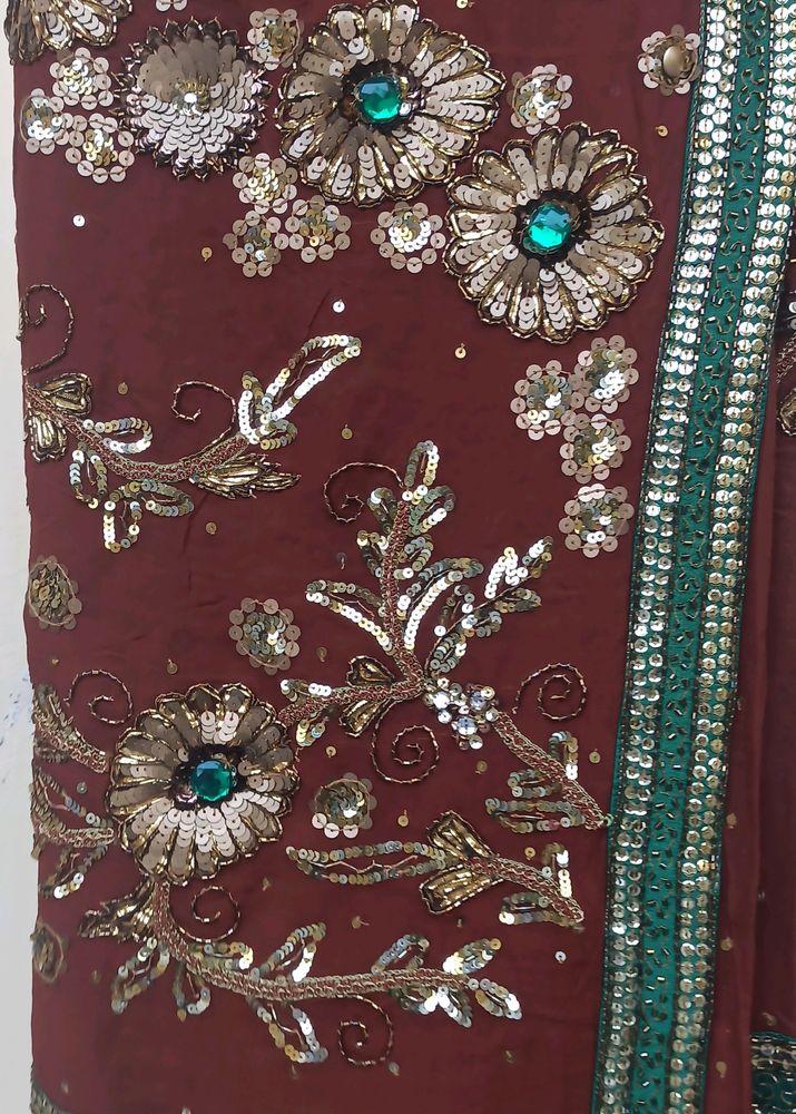 Brown Heavy Work Saree With Blouse!