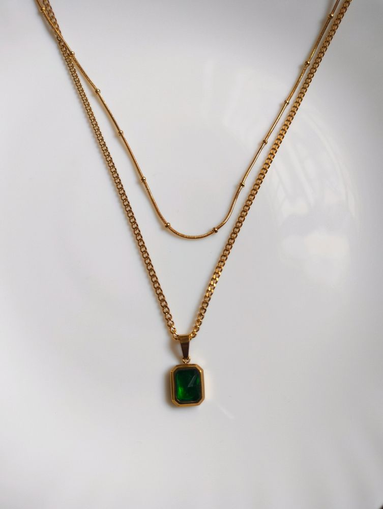 Green Stone Double Chain Necklace ✨