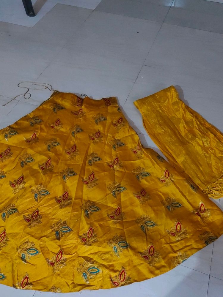 Yellow Graghra Choli Shalu Pattern Butta