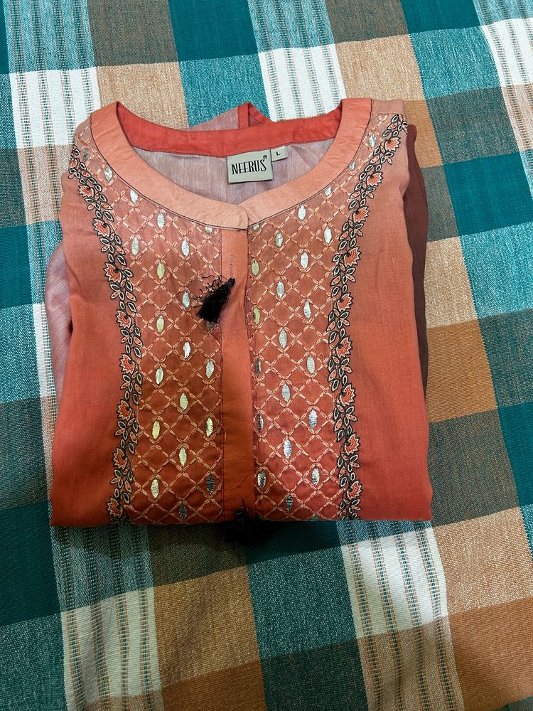 Neerus Coral & Brown Colour Kurta Size L