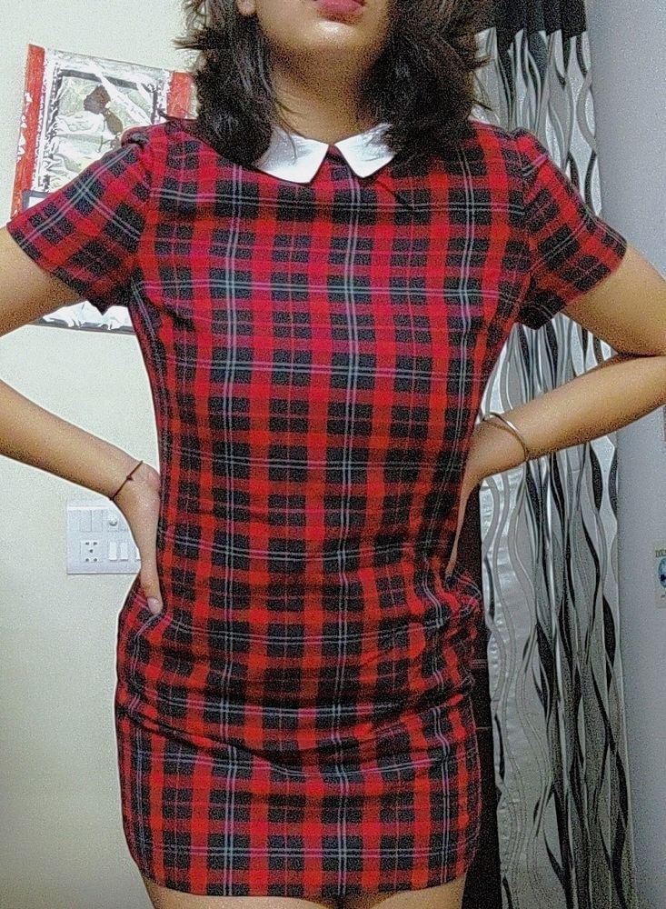 Mini Red Check Collared Dress