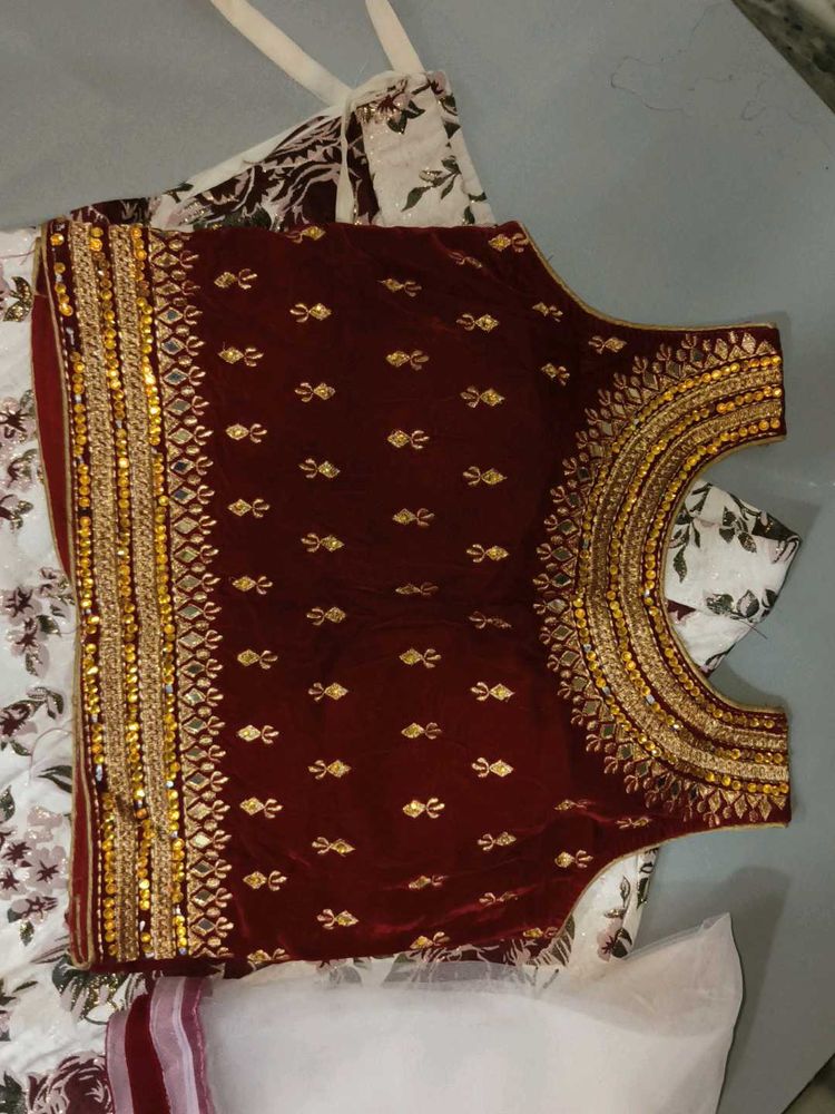 Maroon And White Shiny Lehenga