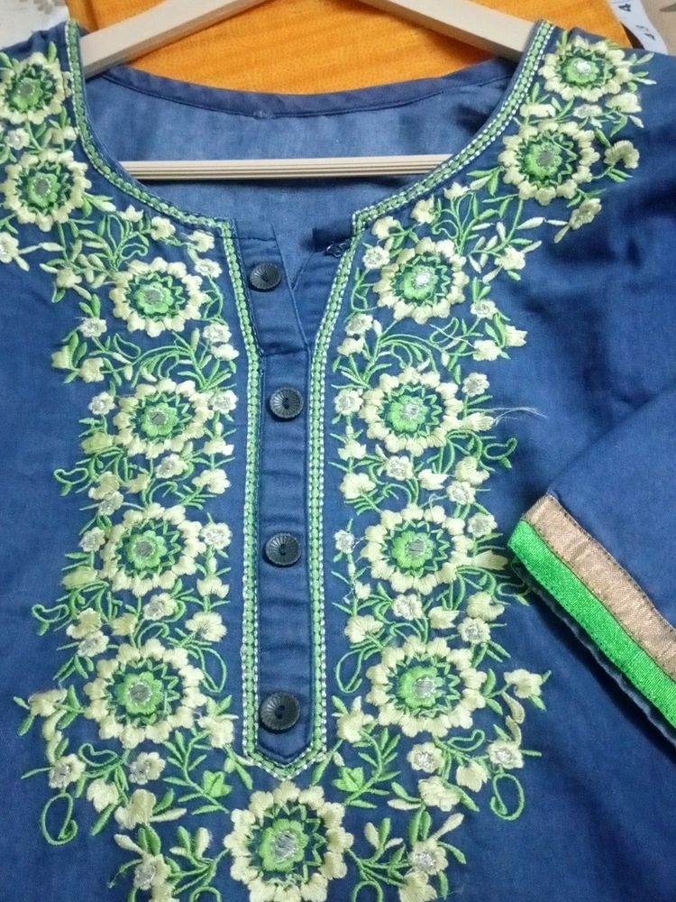 Embroidered  Denim Cotton Kurti
