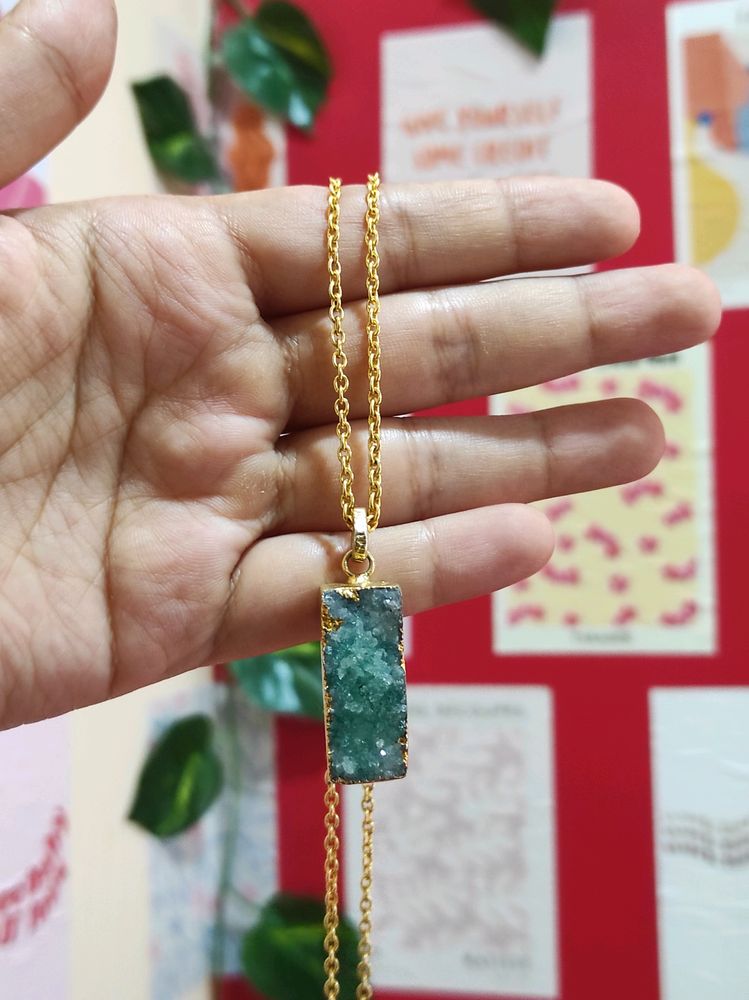 Natural Druzy Bar Gemstone Pendant With Chain