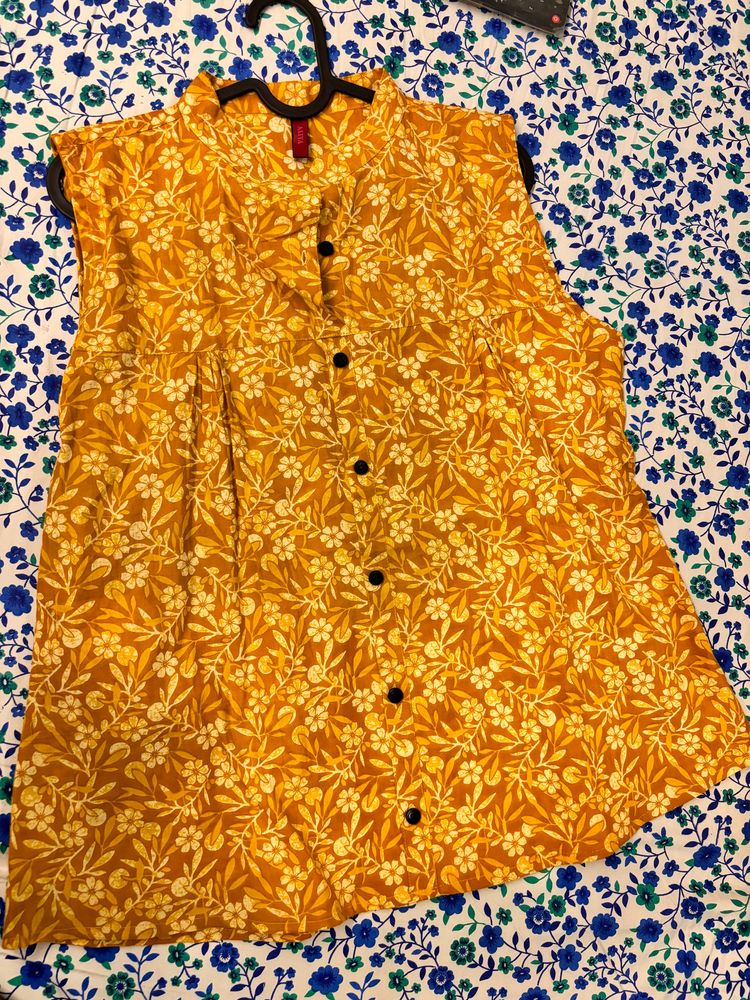 Mustard Yellow Floral Short Top For Daily Wear