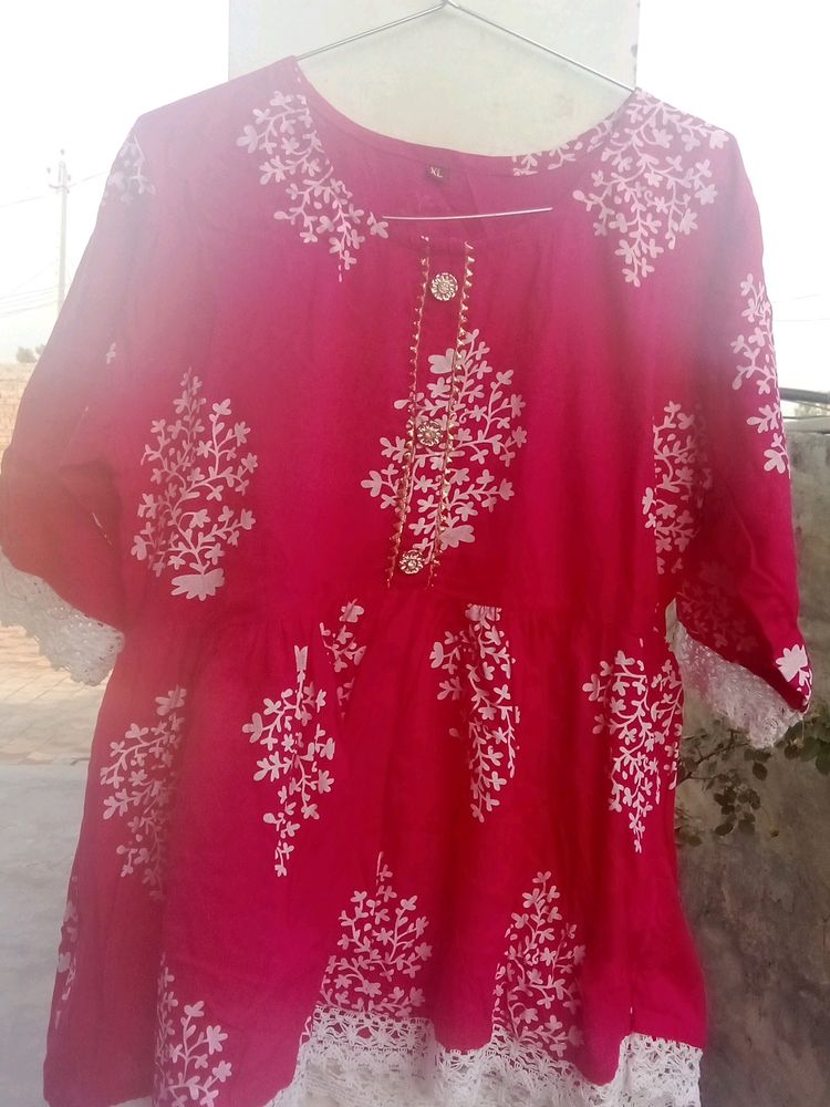 Women Top Rose Pink Colour White Flower