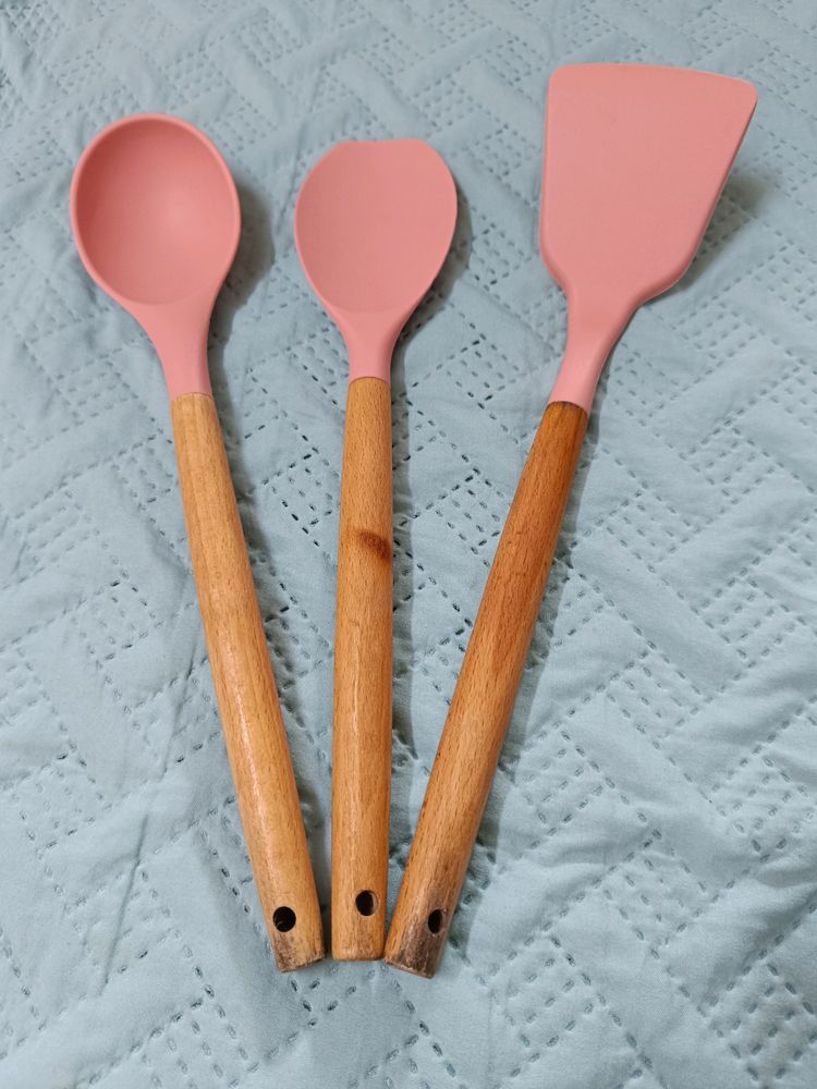 Silicon Spatula With Wooden Handle Set